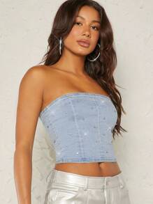 水鑽細節抹胸牛仔上衣 - 淺色水洗藍 - 查看 3