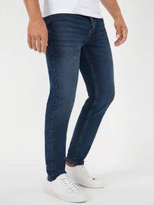 RueChic 男士斜口袋緊身牛仔褲 - 深色水洗藍 - 查看 5