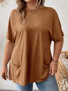 SHEIN LUNE 大碼蝙蝠袖口袋貼布T恤 - 卡其色 - 查看 3