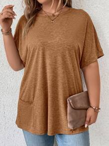 SHEIN LUNE 大碼蝙蝠袖口袋貼布T恤 - 卡其色 - 查看 4