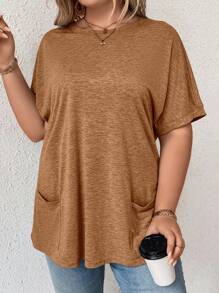 SHEIN LUNE 大碼蝙蝠袖口袋貼布T恤 - 卡其色 - 查看 6