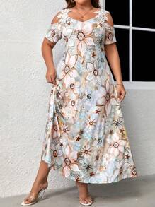 SHEIN LUNE Plus Floral Print Cold Shoulder Dress - Multicolor - View 4