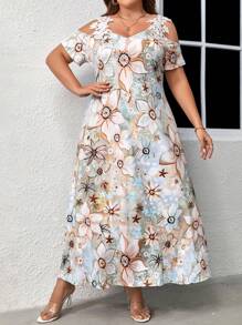 SHEIN LUNE Plus Floral Print Cold Shoulder Dress - Multicolor - View 1