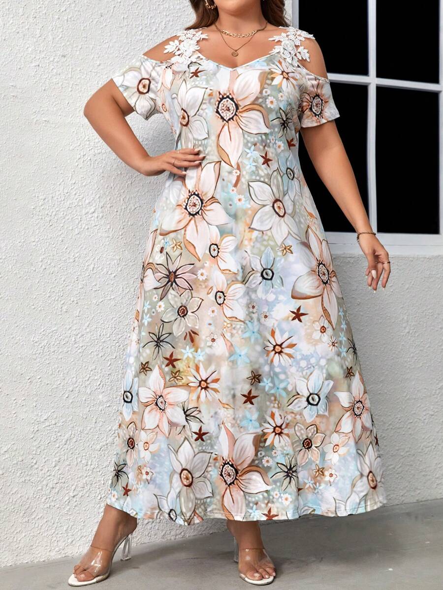 SHEIN LUNE Plus Floral Print Cold Shoulder Dress - Multicolor - View 1