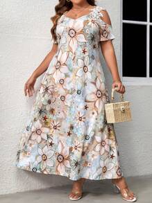 SHEIN LUNE Plus Floral Print Cold Shoulder Dress - Multicolor - View 5