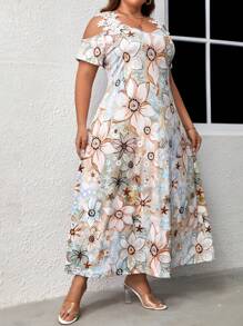 SHEIN LUNE Plus Floral Print Cold Shoulder Dress - Multicolor - View 6