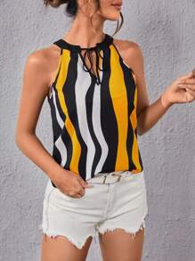 SHEIN Privé Áo sơ mi nữ Thắt nơ trước Khối Màu Sọc Giải trí - Nhiều màu - Xem 5