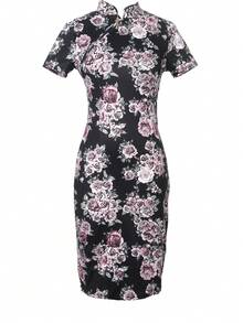 Floral Print Mandarin Collar Cheongsam Dress - Black - View 3