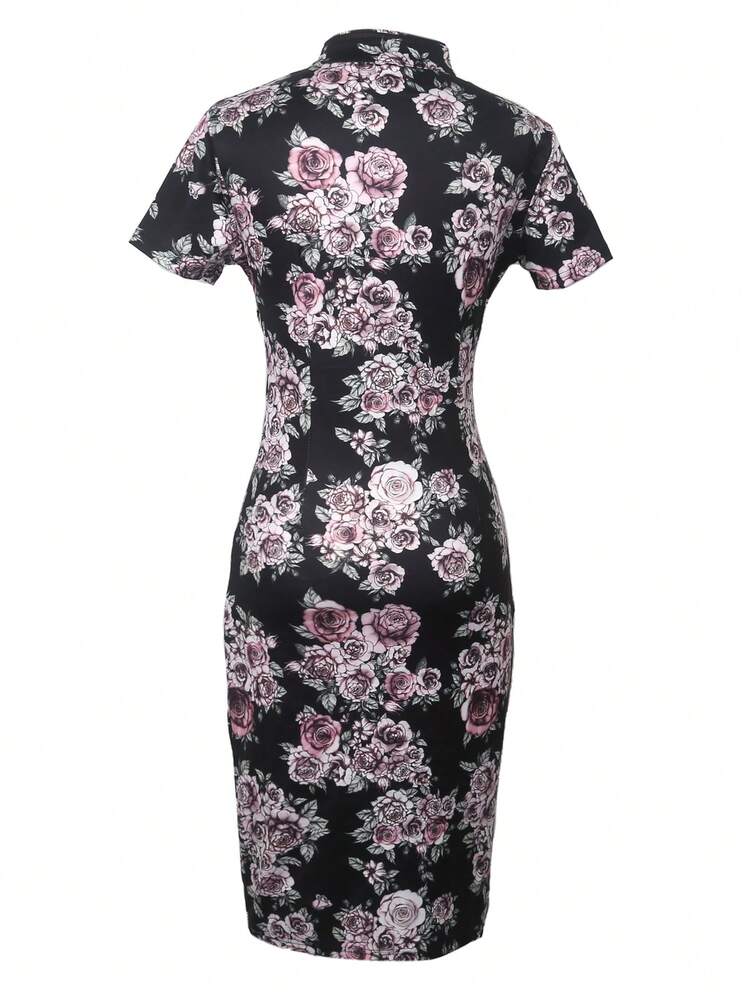 印花旗袍領旗袍連衣裙 - 黑色 - 查看 4