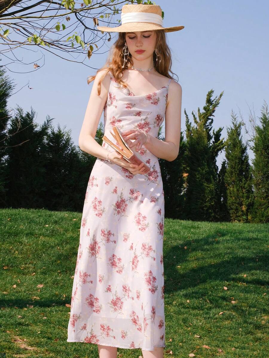 印花吊帶洋裝 - 淺粉色 - 查看 1