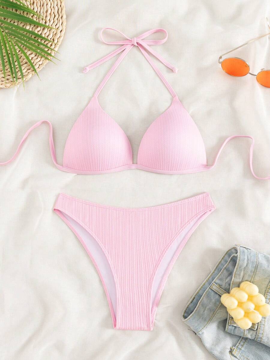 Swim Mod Summer Beach Halter Bikini Set - Pink - View 1