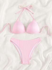 Swim Mod Summer Beach Halter Bikini Set - Pink - View 5