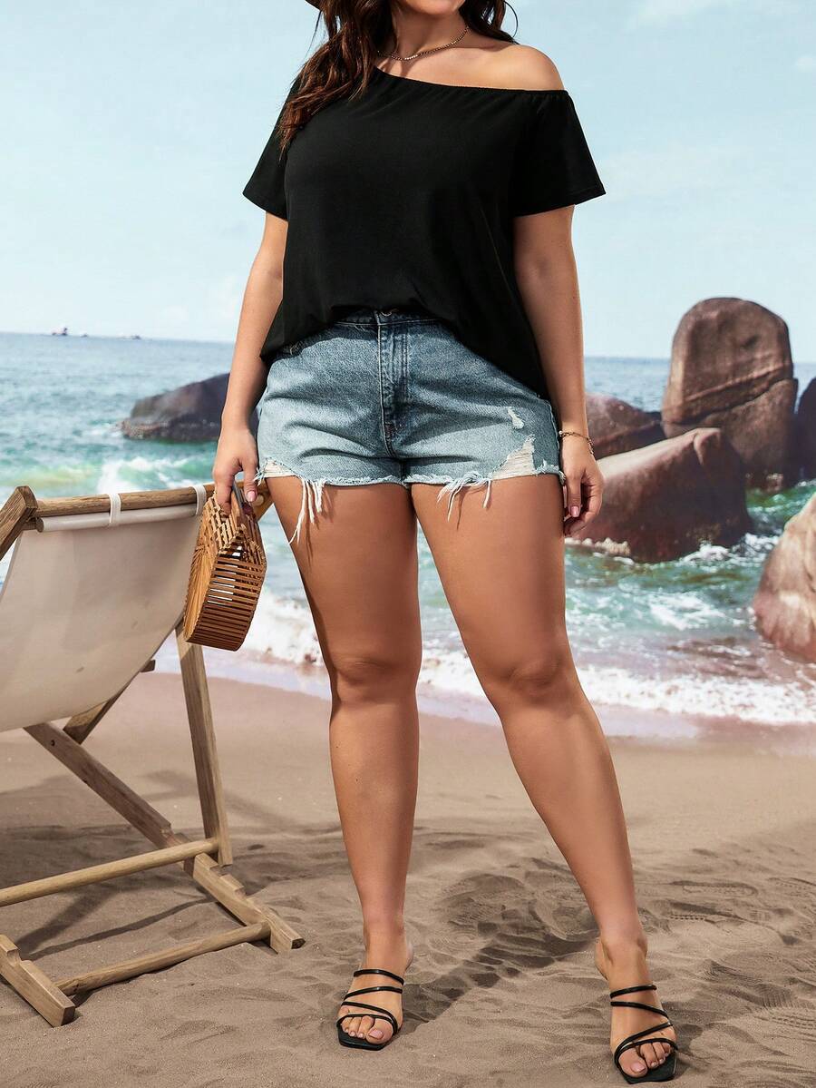 大碼素色不對稱領T恤 - 黑色 - 查看 1