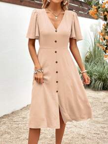 SHEIN VCAY 前紐扣蝴蝶袖連衣裙 - 杏色 - 查看 1