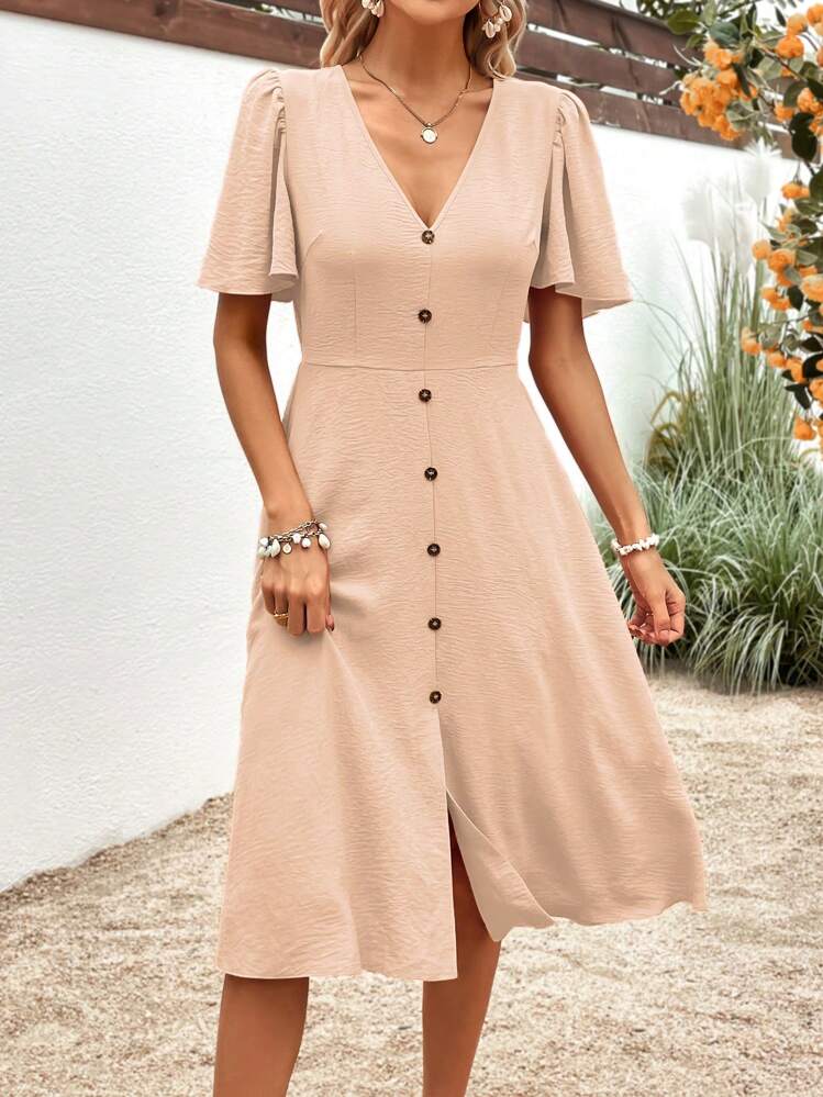 SHEIN VCAY Button Front Butterfly Sleeve Dress - Apricot - View 1