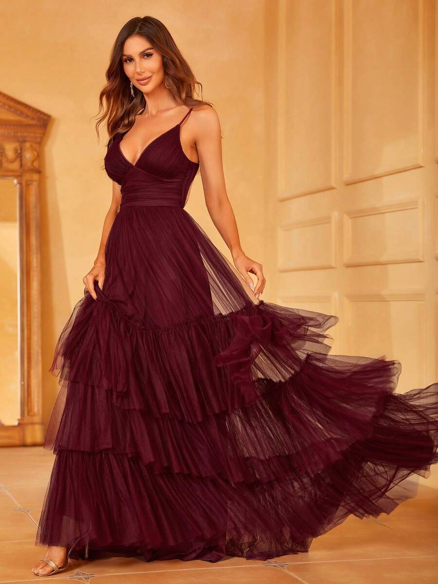 Layer Hem Mesh Cami Dress Formal Prom Dresses For Women, Party Dress Wedding Guest Dress Evening Dress,Gown - 酒紅色 - 查看 1