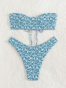 Swim Mod 碎花抹胸比基尼泳裝 - 藍白色 - 查看 2