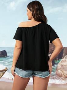 大碼素色不對稱領T恤 - 黑色 - 查看 2