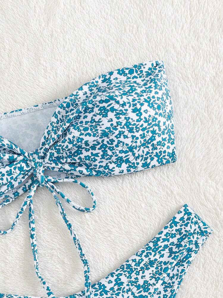 Swim Mod Bañador bikini bandeau con estampado floral - Azul y blanco - Añade 4