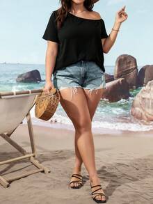 大碼素色不對稱領T恤 - 黑色 - 查看 5