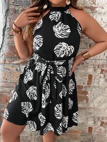 Plus Tropical Print Belted Halter Dress - Black - View 3