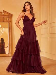 Layer Hem Mesh Cami Dress Formal Prom Dresses For Women, Party Dress Wedding Guest Dress Evening Dress,Gown - 酒紅色 - 查看 6