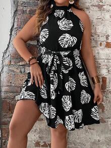 Plus Tropical Print Belted Halter Dress - Black - View 4