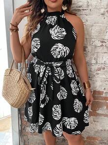 Plus Tropical Print Belted Halter Dress - Black - View 5