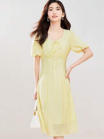 Tie Front Puff Sleeve Dress