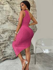 One Shoulder Asymmetrical Hem Bodycon Dress - Hot Pink - View 2