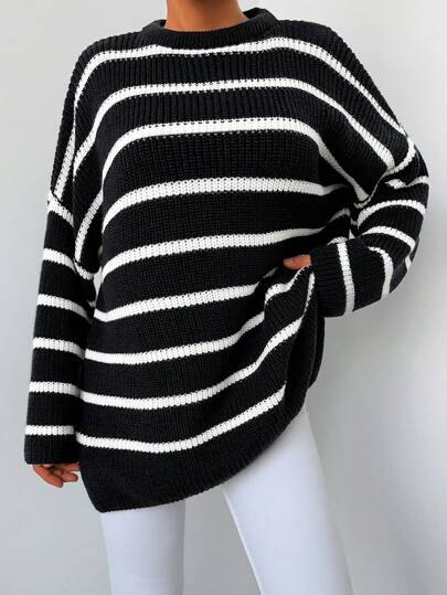 EURMUSE Dames Zwart-witte ronde hals gestreepte losse lange mouw pullover trui