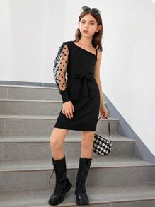SHEIN 女孩拼接波點網紗不對稱領繫腰帶連衣裙 - 黑色 - 查看 1