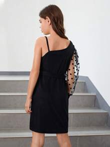 SHEIN 女孩拼接波點網紗不對稱領繫腰帶連衣裙 - 黑色 - 查看 2