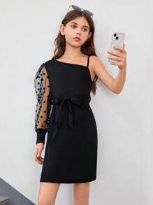 SHEIN 女孩拼接波點網紗不對稱領繫腰帶連衣裙 - 黑色 - 查看 4