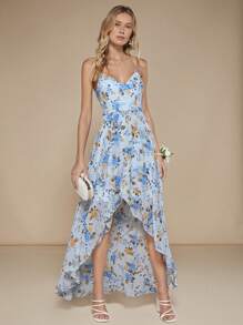 SHEIN Belle 印花荷葉邊圍裹下擺吊帶連衣裙 - 彩色 - 查看 1