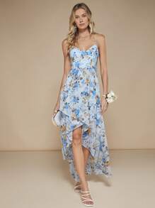 SHEIN Belle 印花荷葉邊圍裹下擺吊帶連衣裙 - 彩色 - 查看 6