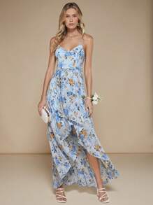 SHEIN Belle 印花荷葉邊圍裹下擺吊帶連衣裙 - 彩色 - 查看 4