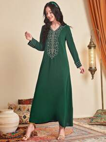 Al Najma Thêu Cổ v Áo choàng Thổ Nhĩ Kỳ - Màu xanh lá cây đậm - Xem 1