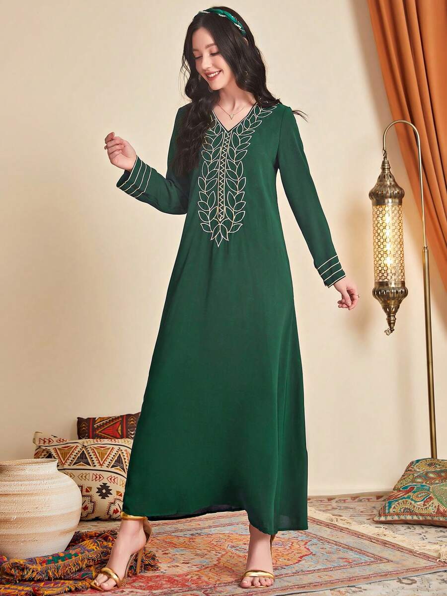 Al Najma Thêu Cổ v Áo choàng Thổ Nhĩ Kỳ - Màu xanh lá cây đậm - Xem 1