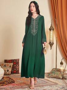 Al Najma Thêu Cổ v Áo choàng Thổ Nhĩ Kỳ - Màu xanh lá cây đậm - Xem 3