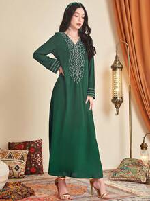 Al Najma Thêu Cổ v Áo choàng Thổ Nhĩ Kỳ - Màu xanh lá cây đậm - Xem 4