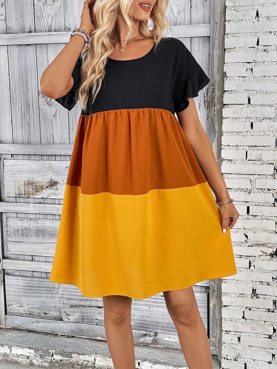 SHEIN LUNE Đầm Xù Viên lá sen Khối Màu Dễ thương - Nhiều màu - Xem 1