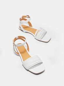 SheIn BIZ Xăng đan có dây đeo đến mắt cá chân tối giản dành cho nữ, Xăng đan đế bằng mùa hè thanh lịch - trắng - Xem 6