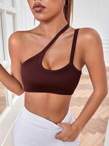 Easithlete Áo sơ mi crop top thể thao cắt một bên vai - Cà phê nâu - Xem 1