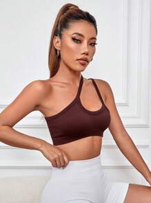 Easithlete Áo sơ mi crop top thể thao cắt một bên vai - Cà phê nâu - Xem 3