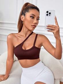 Easithlete Áo sơ mi crop top thể thao cắt một bên vai - Cà phê nâu - Xem 4