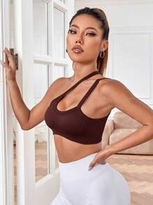 Easithlete Áo sơ mi crop top thể thao cắt một bên vai - Cà phê nâu - Xem 5