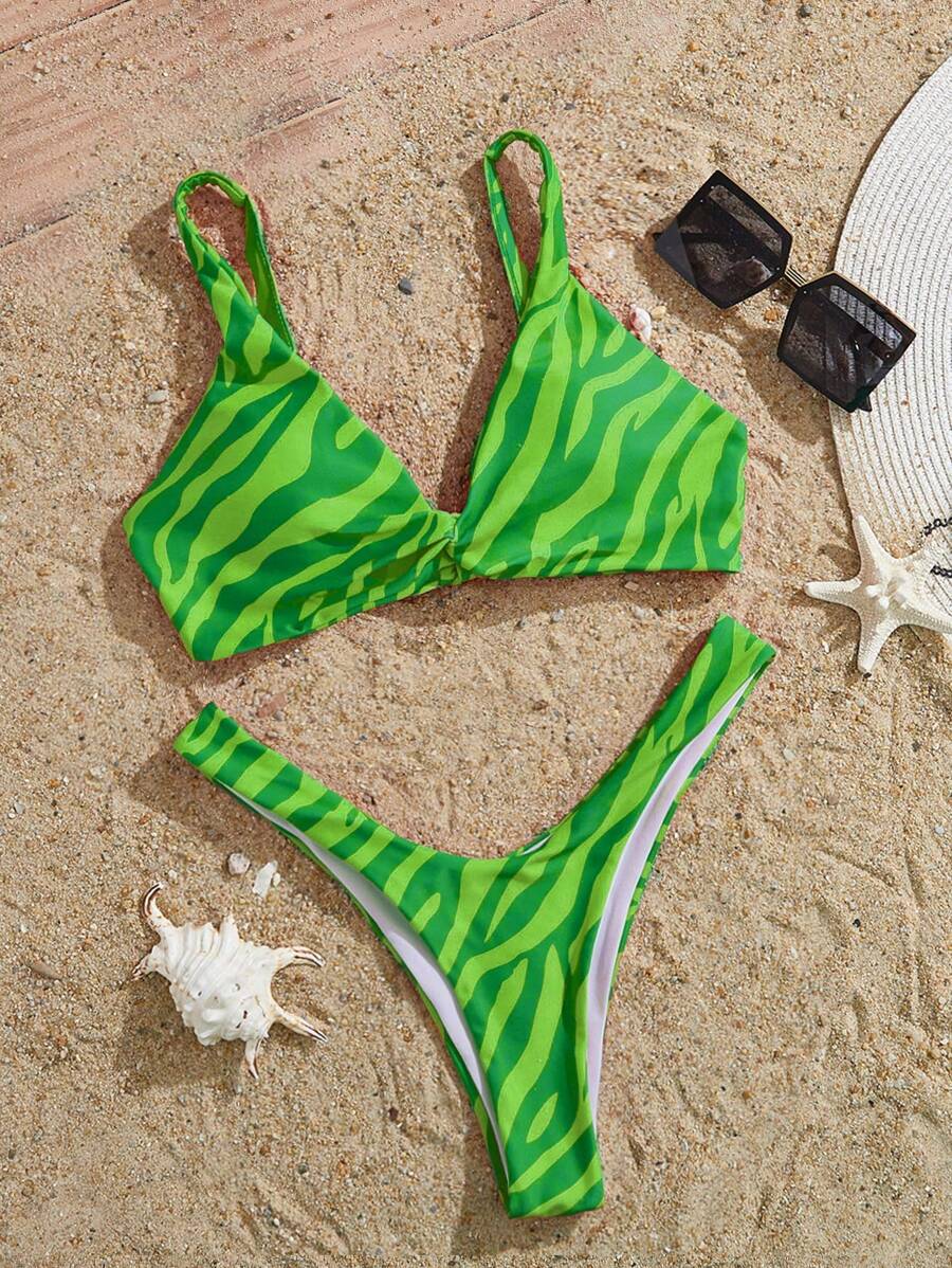 SHEIN Zebra Stripe High Cut Bikini Set For Summer Beach - Green - View 1