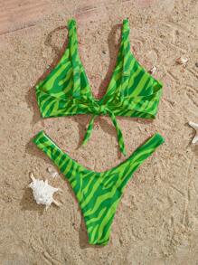 SHEIN Zebra Stripe High Cut Bikini Set For Summer Beach - Green - View 2