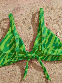SHEIN Zebra Stripe High Cut Bikini Set For Summer Beach - Green - View 3